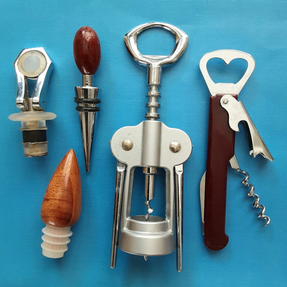 Wine Bundle: Pocket Opener, Cork Screw & Three Bottle Stoppers, Wine Gift